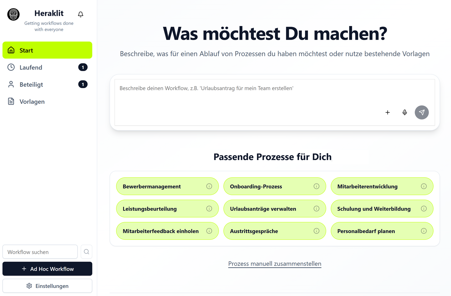 Screenshot der Benutzeroberfläche von Heraklit, einer Plattform zur Verwaltung von Geschäftsprozessen mit Optionen zur Workflow-Beschreibung und Auswahl passender Prozesse.